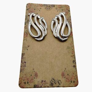 Abstract Wave Design Earrings Silver Toned Pierced Post Art Deco Open Work Swirl